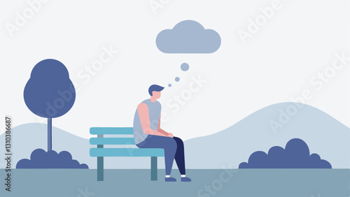 Shock and Denial An illustration of a person sitting on a bench looking at a foggy landscape. Their expression is blank with a thought bubble showing question marks indicating