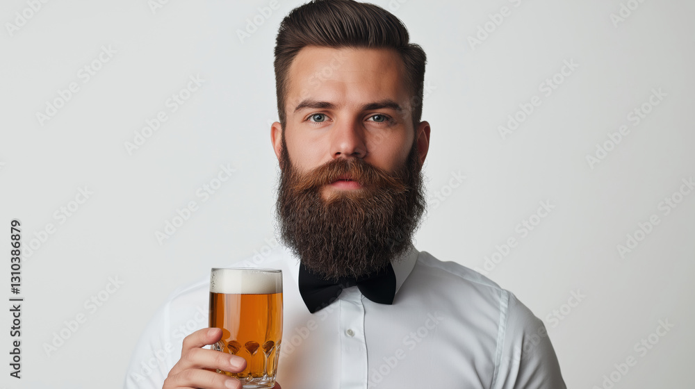 A man with a beard and a bow tie holding a glass of beer. Concept of sophistication and relaxation, as the man is dressed in formal attire while enjoying a casual drink A man with a beard and a bow tie holding a glass of beer. Concept of sophistication and relaxation, as the man is dressed in formal attire while enjoying a casual drink