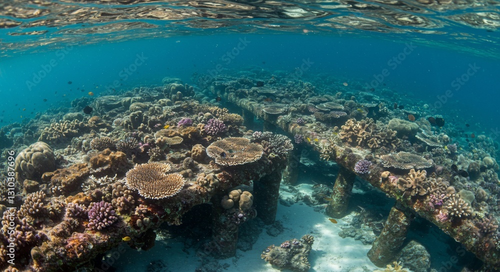 Underwater coral reef thriving on submerged structure Underwater coral reef thriving on submerged structure