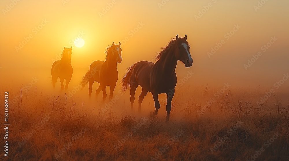 Obraz premium Three horses run in a golden sunrise field