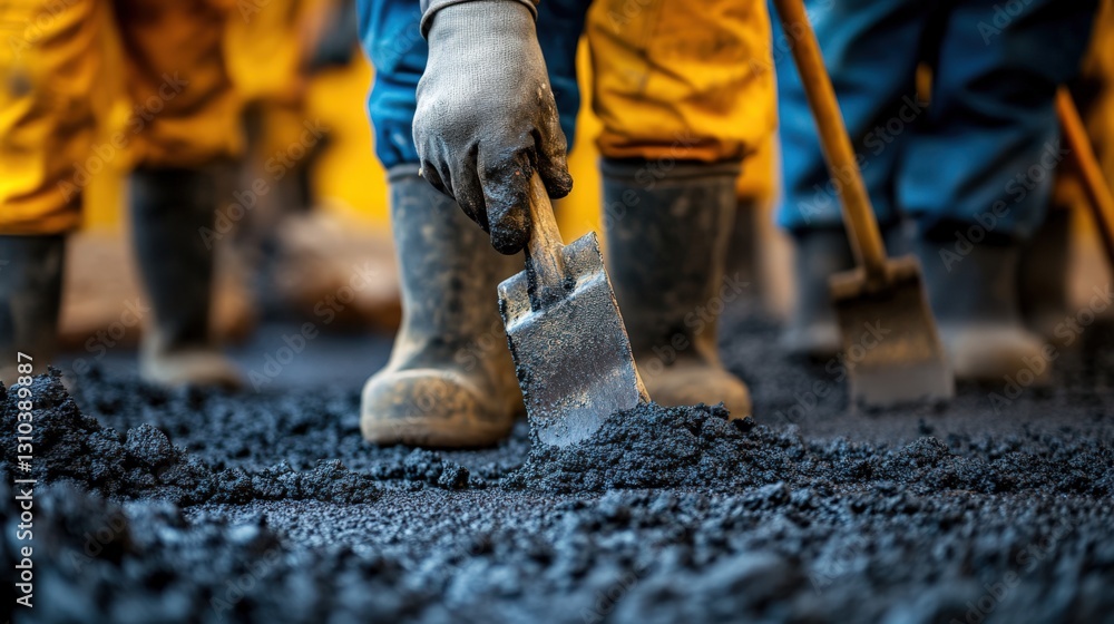 Close-up of Construction Workers in Yellow Safety Gear Engaged in Asphalt Paving on a Job Site, Focusing on Hand Tools and Heavy Machinery in Urban Environment Close-up of Construction Workers in Yellow Safety Gear Engaged in Asphalt Paving on a Job Site, Focusing on Hand Tools and Heavy Machinery in Urban Environment