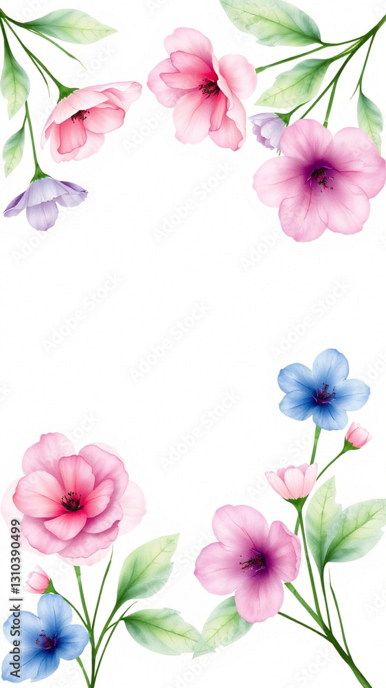 Naklejka premium A floral frame with pink, purple and blue flowers and green leaves, with a white background in the center,Invitation card floral design template,frame of flowers