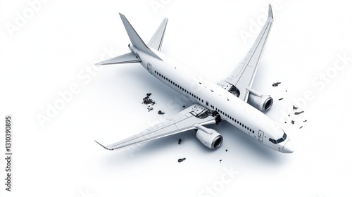 Aerial View of a Crashed White Airplane Amidst Debris on a Plain White Background