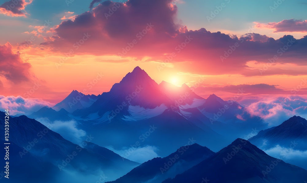 Obraz premium Majestic Mountain Range Bathed in the Warmth of a Stunning Sunset Glow