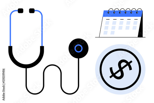 Stethoscope, dollar icon, and calendar representing healthcare cost planning and medical appointments scheduling. Ideal for budgeting, finance, health awareness, insurance, consultations, time