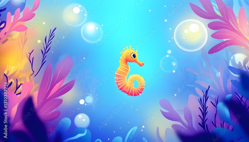 Obraz premium A cheerful seahorse swims amidst vibrant underwater plants