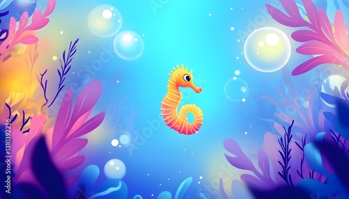 A cheerful seahorse swims amidst vibrant underwater plants