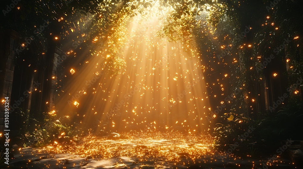 Naklejka premium Enchanting Sunlight Filtering Through Lush Foliage Creating an Ethereal Glow : Generative AI