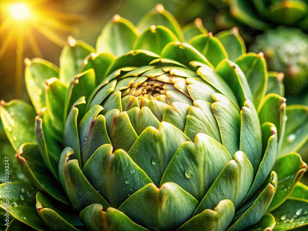 Dew-Kissed Artichoke: Close-Up Panoramic Morning View Dew-Kissed Artichoke: Close-Up Panoramic Morning View