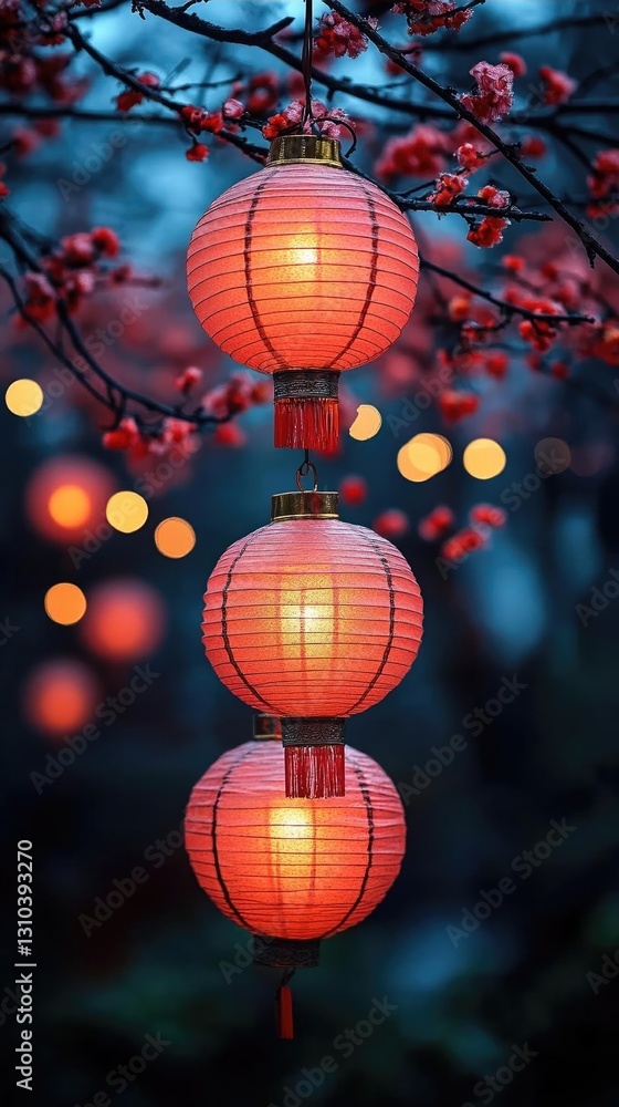 Obraz premium Three glowing red lanterns hanging from a branch, surrounded by soft bokeh lights at dusk