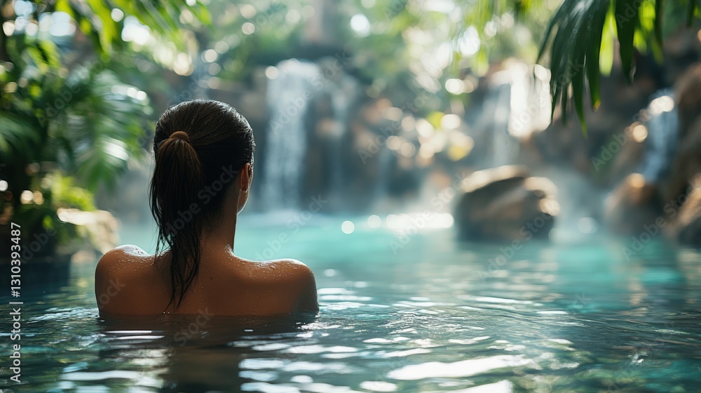 A Serene Scene of a Young Woman Enjoying a Tranquil Moment in a Natural Pool Surrounded by Lush Greenery and Cascading Waterfalls A Serene Scene of a Young Woman Enjoying a Tranquil Moment in a Natural Pool Surrounded by Lush Greenery and Cascading Waterfalls