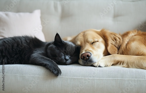Wallpaper Mural Adorable sleeping dog and cat snuggled together on a cozy couch creating a heartwarming scene : Generative AI Torontodigital.ca