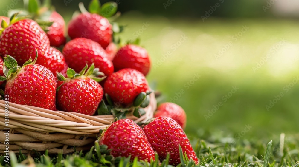 Ripe strawberries nestled in a woven basket on lush green grass Ripe strawberries nestled in a woven basket on lush green grass