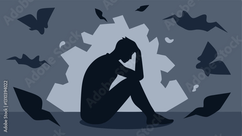Silhouetted Figure A silhouette of a person sitting on the ground with their head in their hands surrounded by shadowy chaotic shapes representing overwhelming thoughts.