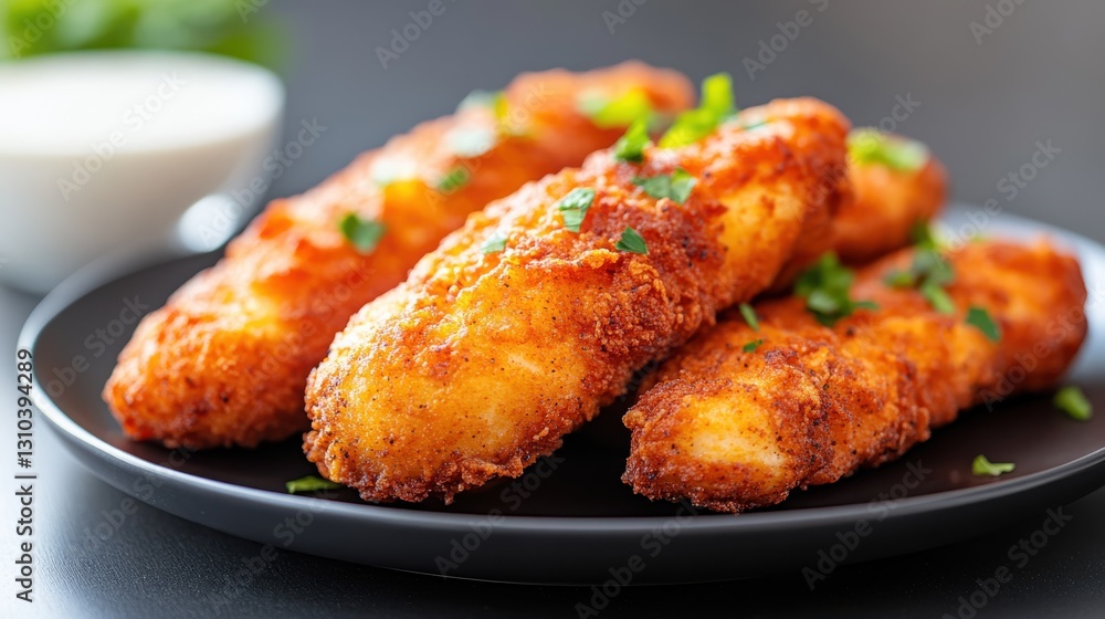 Crispy golden fried chicken tenders served on a dark plate Crispy golden fried chicken tenders served on a dark plate