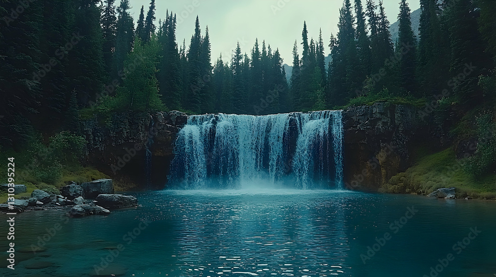 Fototapeta premium Cascading Waterfall in a Tranquil Forest Setting with Lush Greenery