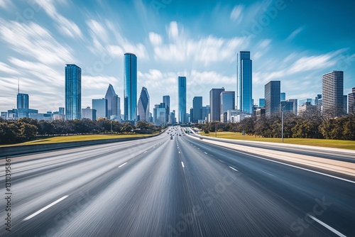 Wide empty highway leading to modern city skyline with skyscrapers and blue sky