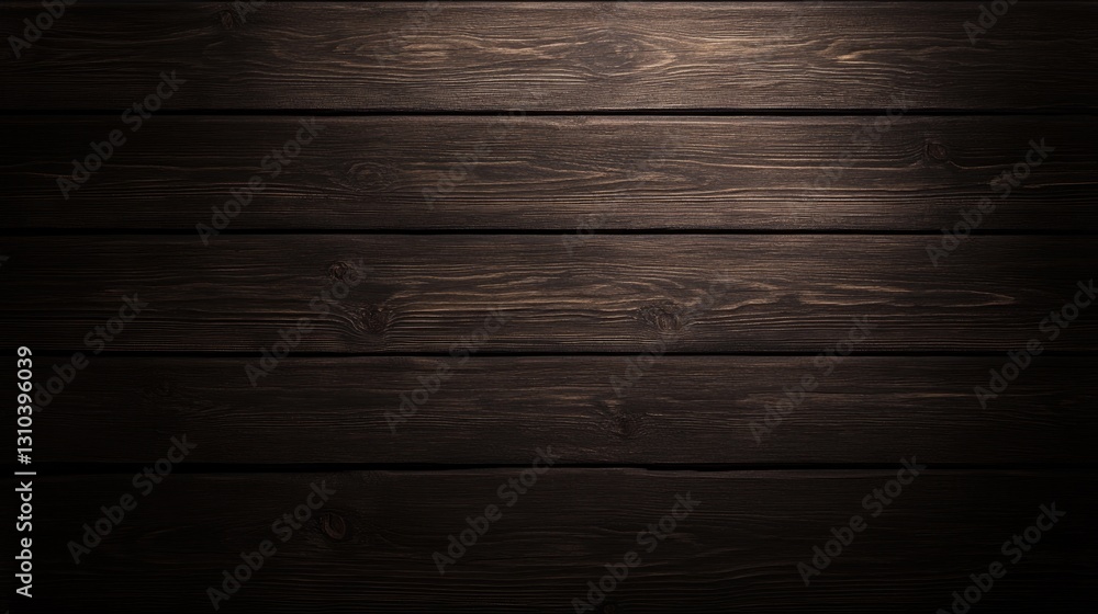 Naklejka premium Dark wood planks forming a horizontal background with subtle lighting and wood grain texture