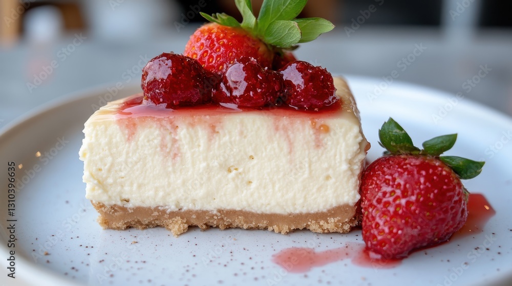 Indulging in a delightful strawberry cheesecake slice on a crisp afternoon Indulging in a delightful strawberry cheesecake slice on a crisp afternoon