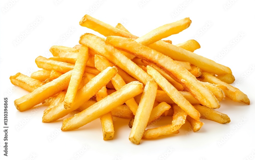 Golden crispy French fries piled high on a white background for appetizing food photography : Generative AI Golden crispy French fries piled high on a white background for appetizing food photography : Generative AI