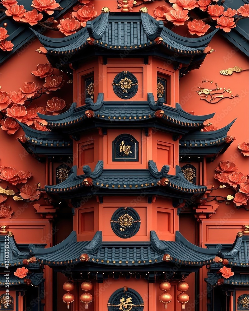 Vibrant traditional pagoda surrounded by blooming flowers, showcasing intricate architectural details Vibrant traditional pagoda surrounded by blooming flowers, showcasing intricate architectural details