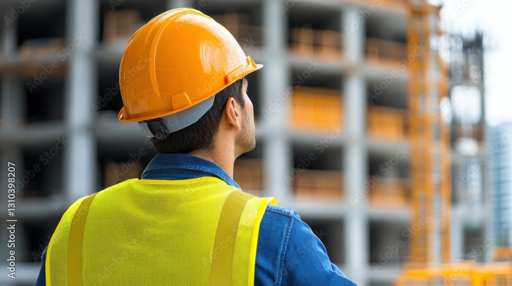 Construction Worker in Safety Gear Overseeing Building Site with Crane and Scaffolding in Background Construction Worker in Safety Gear Overseeing Building Site with Crane and Scaffolding in Background