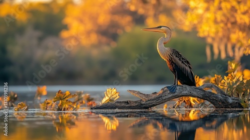 African darter sunset wetlands perch reflection