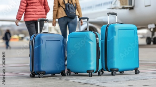 Three colorful suitcases waiting at the airport with travelers in the background.