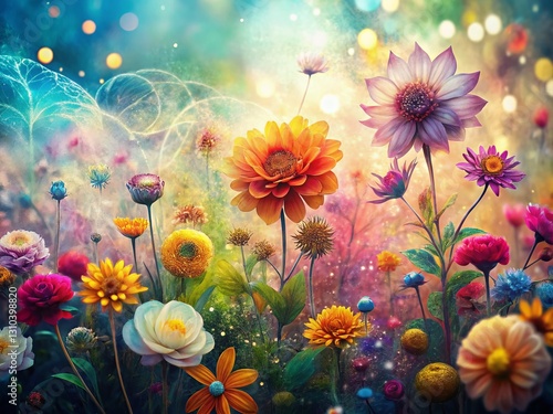 Double Exposure Abstract Flower Garden Doodle Art: Whimsical Botanical Illustration