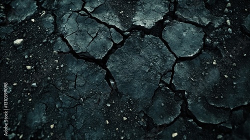Fototapeta Naklejka Na Ścianę i Meble -  Close up of cracked asphalt surface with rough texture and scattered small stones dark broken pavement with deep fissures and rugged details abstract distressed road background