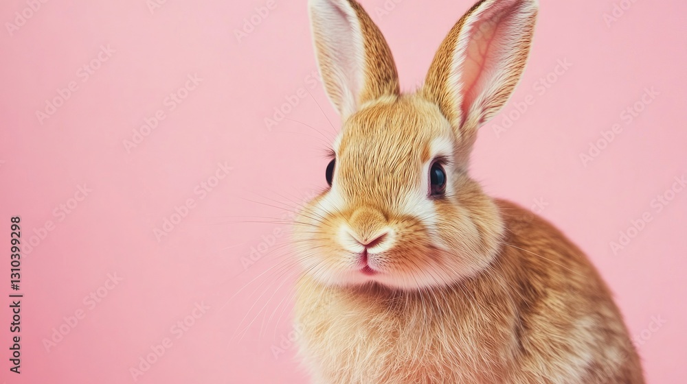 Obraz premium Photo of a little bunny, on a soft pink background Easter theme