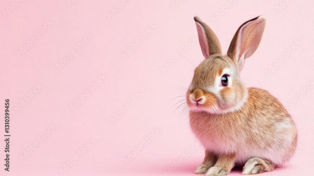 Fototapeta premium Photo of a little bunny, on a soft pink background Easter theme