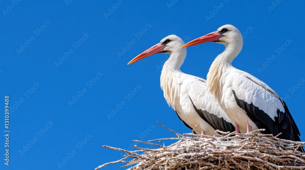 White storks nesting under the sunny skies of Odiaxere, Portugal White storks nesting under the sunny skies of Odiaxere, Portugal