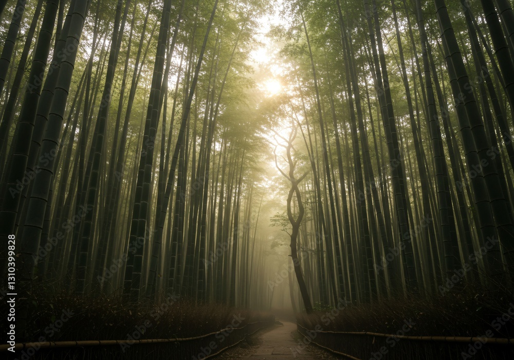 Naklejka premium Misty bamboo forest with soft sunlight filtering through the tall stalks
