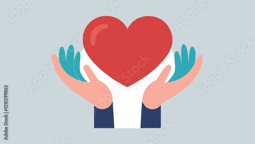 Supportive Hands A pair of hands holding a heart representing care and compassion with smaller hands reaching in from the sides showing community support.