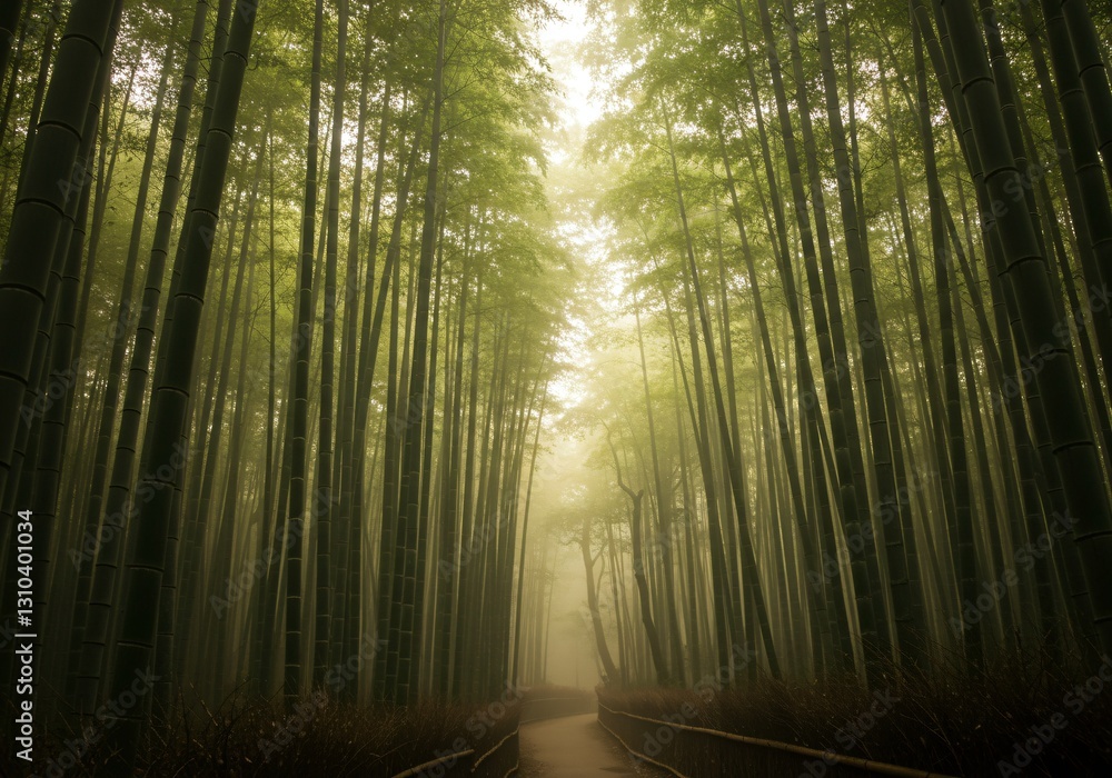 Naklejka premium Misty bamboo forest with soft sunlight filtering through the tall stalks