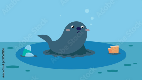 Struggling Seal A seal struggling to keep its head above water in a polluted pool with trash floating around showcasing environmental neglect.