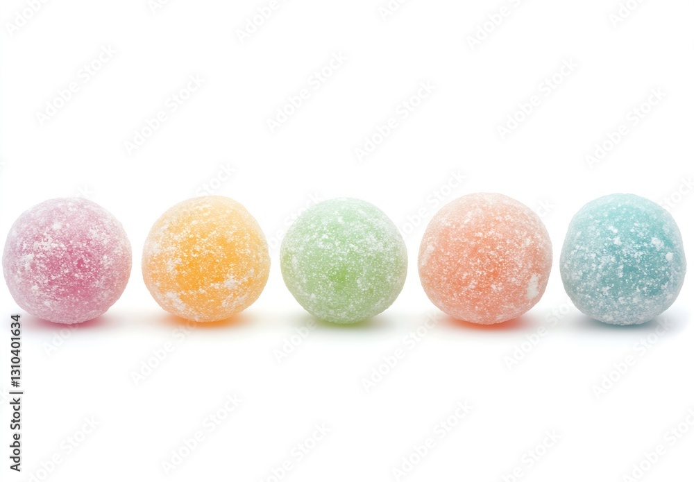 Obraz premium Five colorful sugarcoated candy spheres in pastel shades arranged neatly on a white background : Generative AI