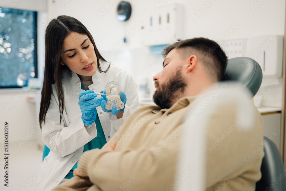 Dentist showing teeth model to patient in dental clinic Dentist showing teeth model to patient in dental clinic