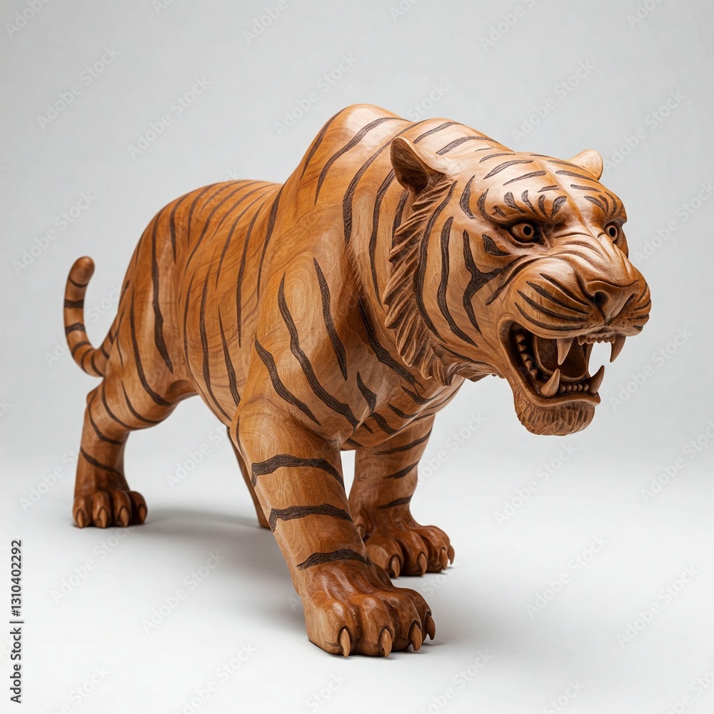 Fototapeta premium close up wood carving of a brown tiger with stripes in a white background