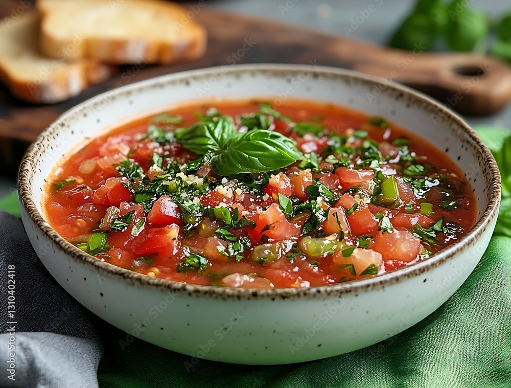 Freshly made tomato salsa with herbs served in a bowl with crispy bread on a rustic table : Generative AI Freshly made tomato salsa with herbs served in a bowl with crispy bread on a rustic table : Generative AI