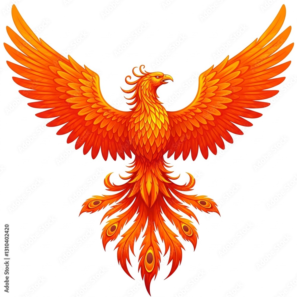 Obraz premium fiery orange phoenix bird with spread wings and tail feathers illustration