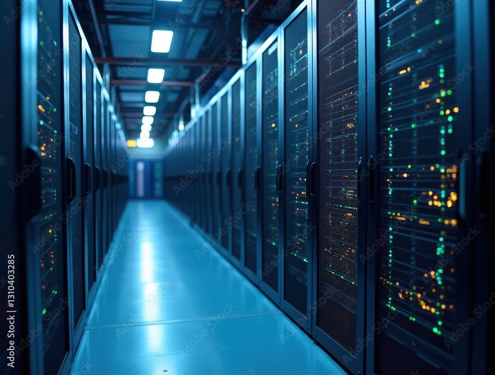 Server racks storing data in a modern data center corridor with blue light Server racks storing data in a modern data center corridor with blue light