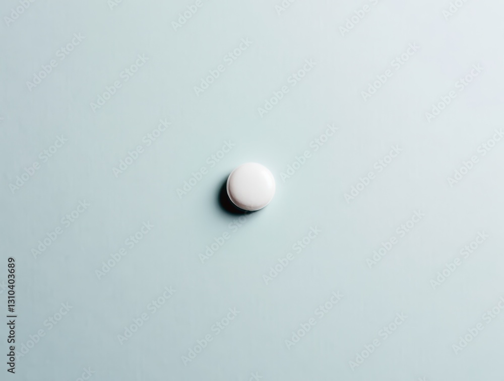 Single white pill lying on a minimalist light blue background Single white pill lying on a minimalist light blue background