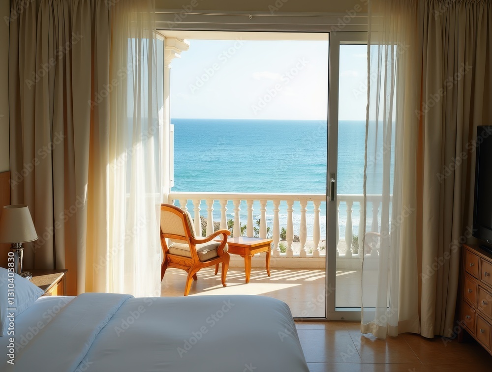 Fototapeta premium Luxurious Hotel Room Offering Stunning Ocean View from Private Balcony