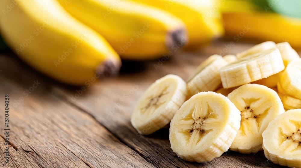 Sliced sweet bananas resting on a rustic wooden table Sliced sweet bananas resting on a rustic wooden table
