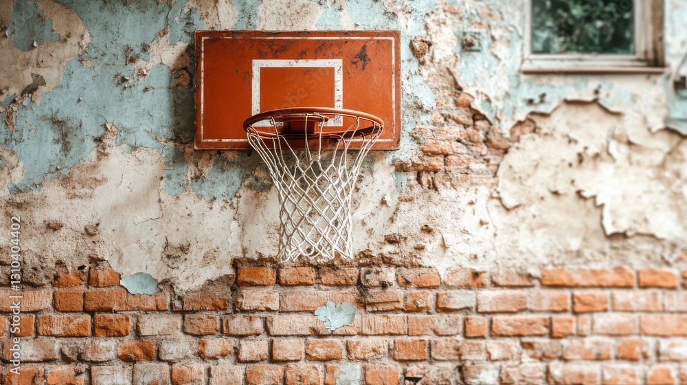 Old basketball hoop on a weathered brick wall telling stories of play Old basketball hoop on a weathered brick wall telling stories of play