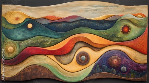 A detailed artistic wood relief depicting a vibrant landscape scene