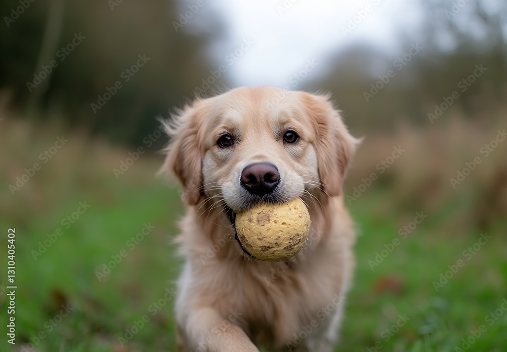 Golden retriever happily carrying a weathered ball while exploring a lush green pathway in a serene landscape : Generative AI Golden retriever happily carrying a weathered ball while exploring a lush green pathway in a serene landscape : Generative AI
