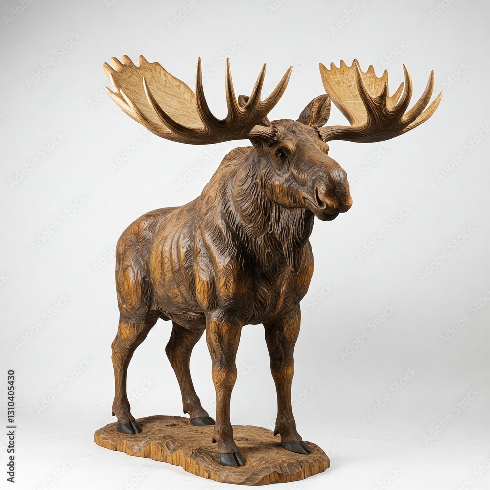 hand carved wooden moose sculpture on a wooden base with a white background hand carved wooden moose sculpture on a wooden base with a white background